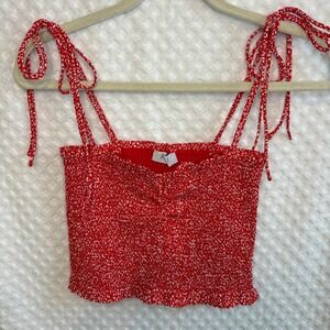 Reset Red Floral Smocked Tie-Strap Crop Top Festival Fairy | Women's Medium